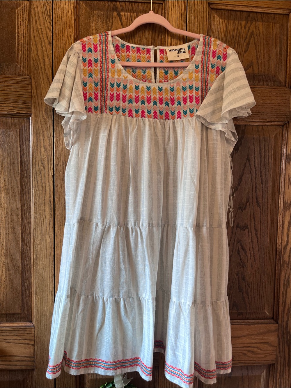 Savanna Jane Women’s Cream Embroidered Tiered Dress - Pink & Multicolor Yoke